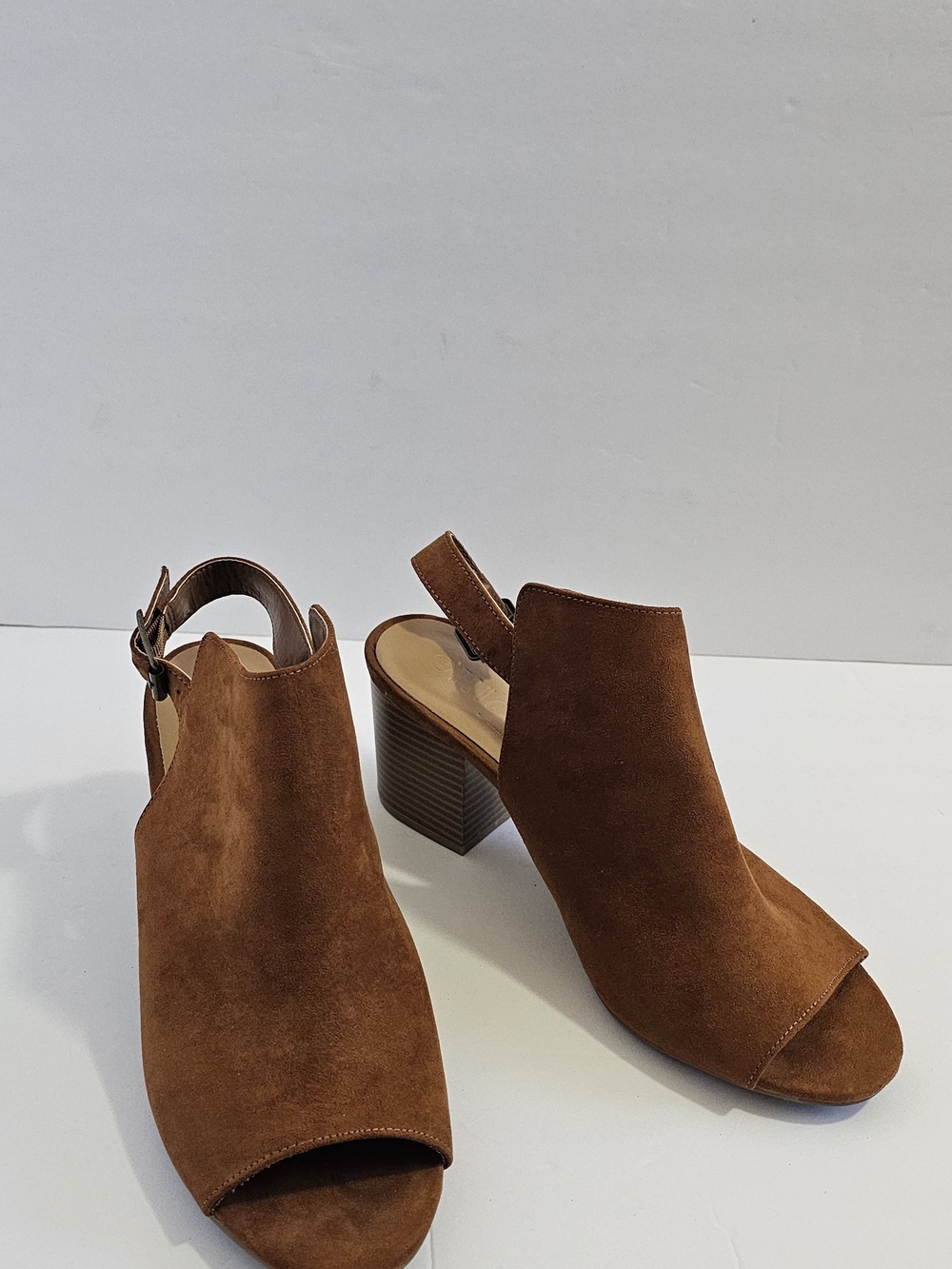 Women’s Suede Peep-Toe Block Heel Sandals - Brown - Picture 2 of 8